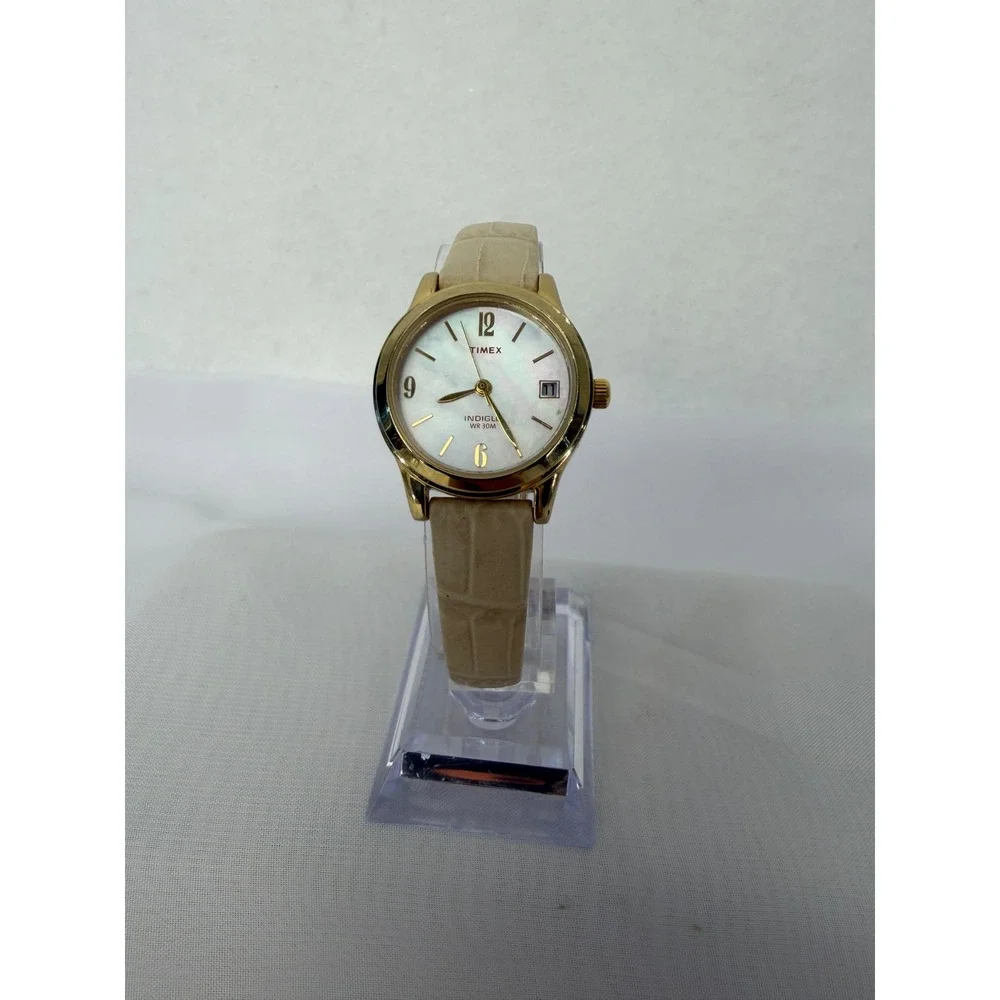 Timex Indiglo Watch Womens Gold Tone Mother of Pearl Dial Leather Strap N7